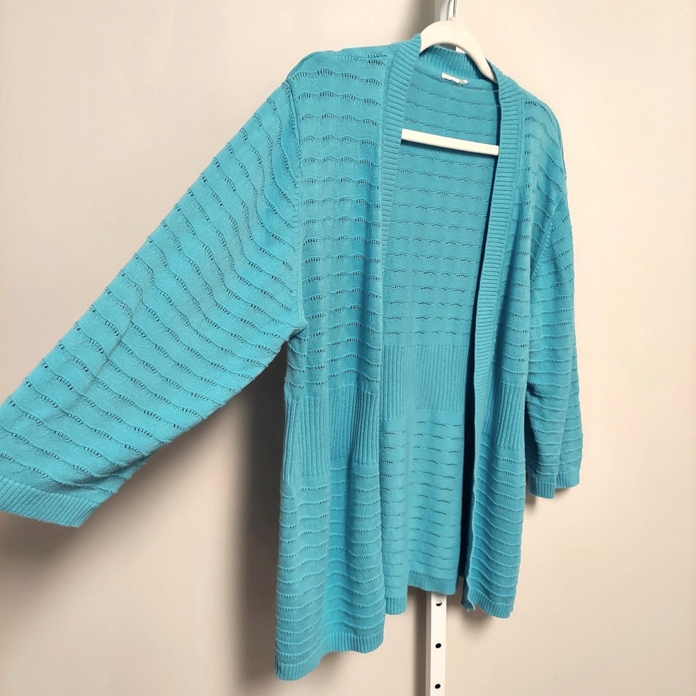 Unbranded Turquoise Blue Wavy Pointelle Open Front Cardigan 3/4 Sleeve XL FLAW